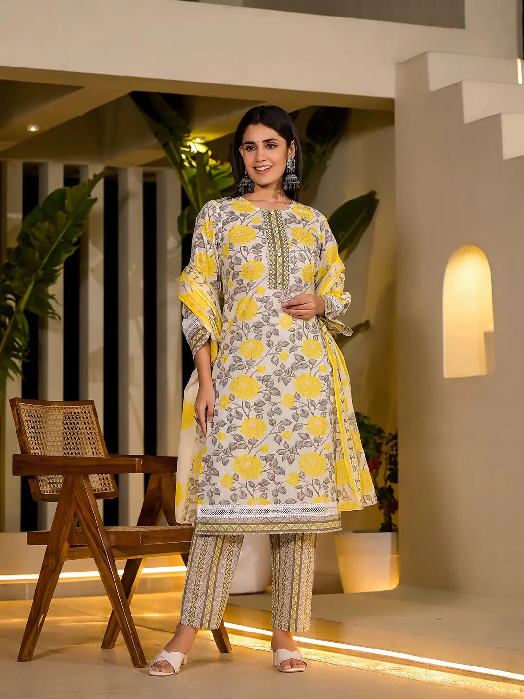 Yellow Pure Cotton Floral Print Kurta With Trousers And Dupatta Set