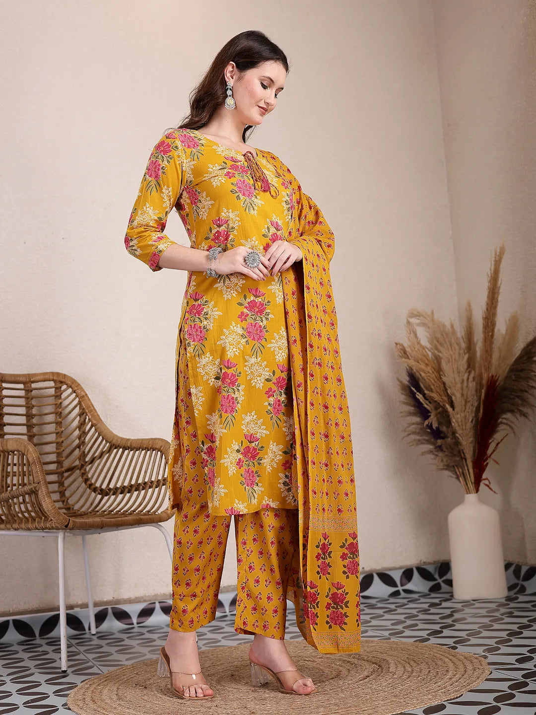 Yellow Pure Cotton Floral Sequins Work Kurta Dupatta Set