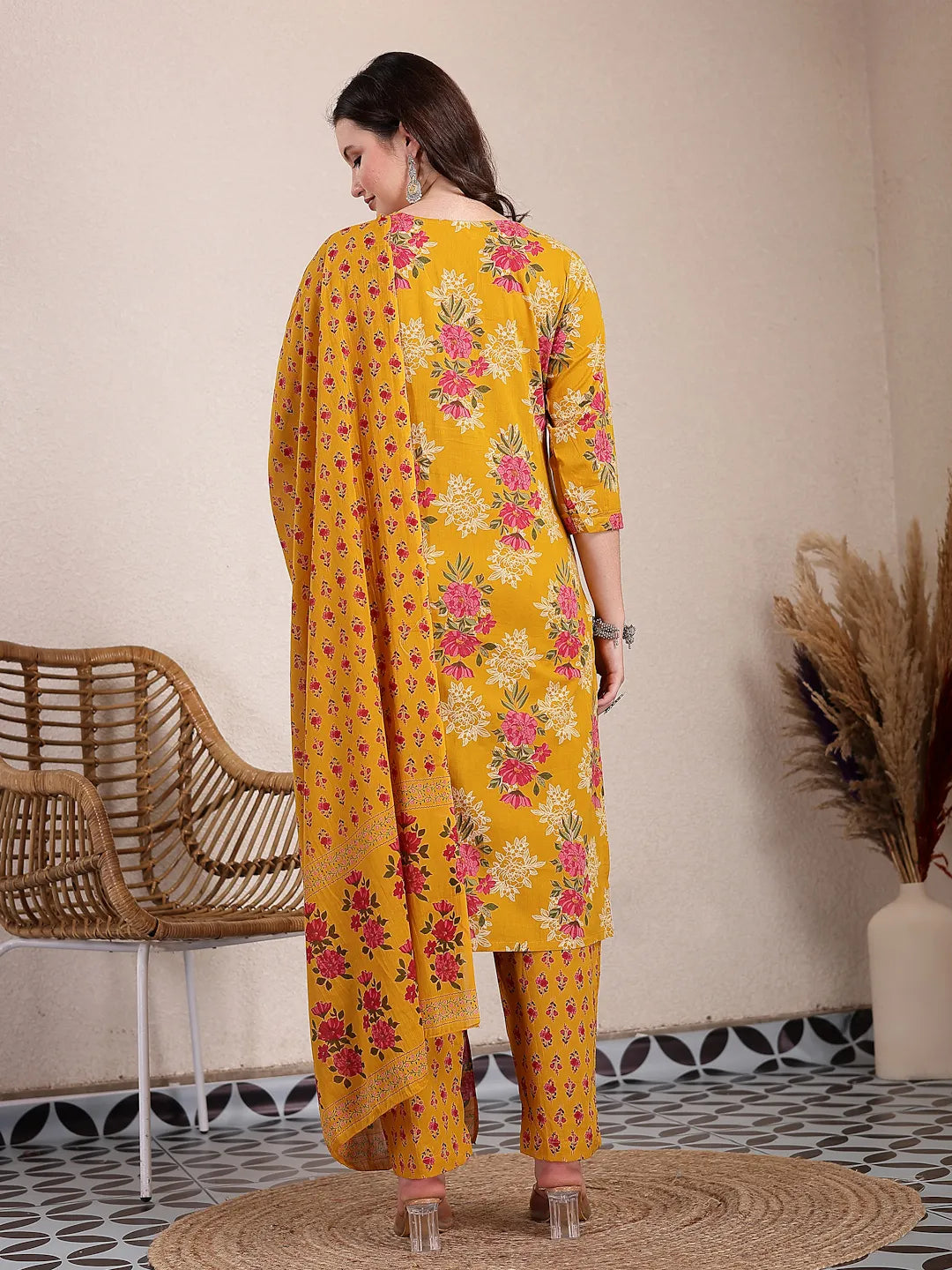 Yellow Pure Cotton Floral Sequins Work Kurta Dupatta Set