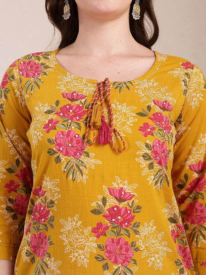 Yellow Pure Cotton Floral Sequins Work Kurta Dupatta Set