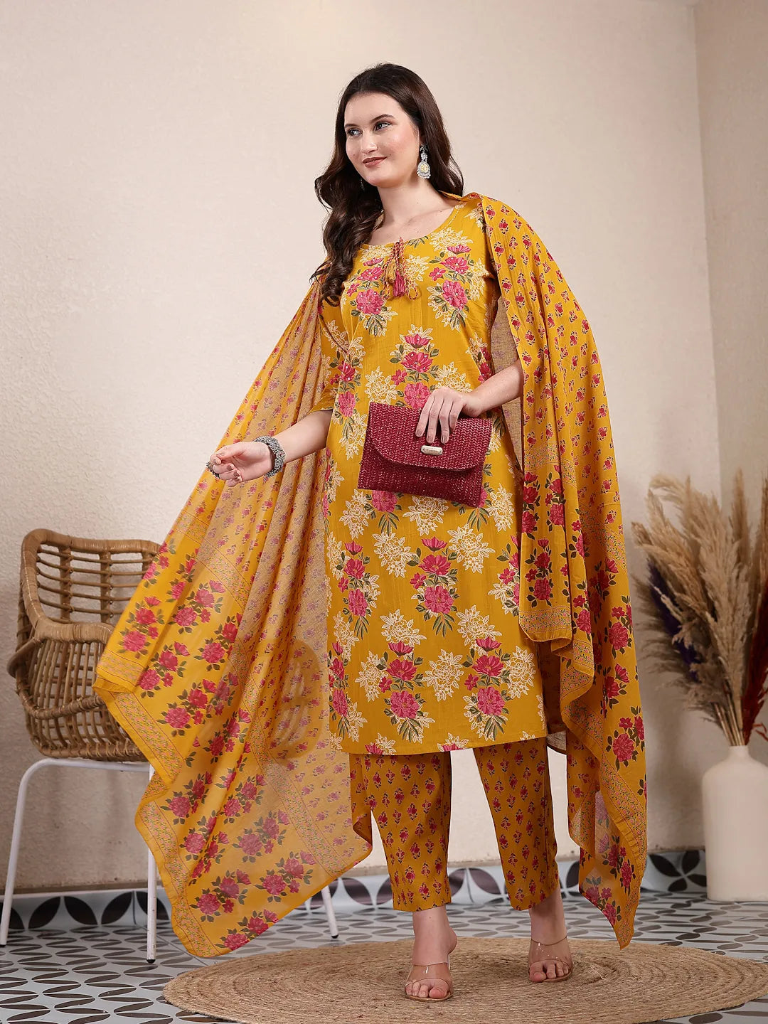 Yellow Pure Cotton Floral Sequins Work Kurta Dupatta Set