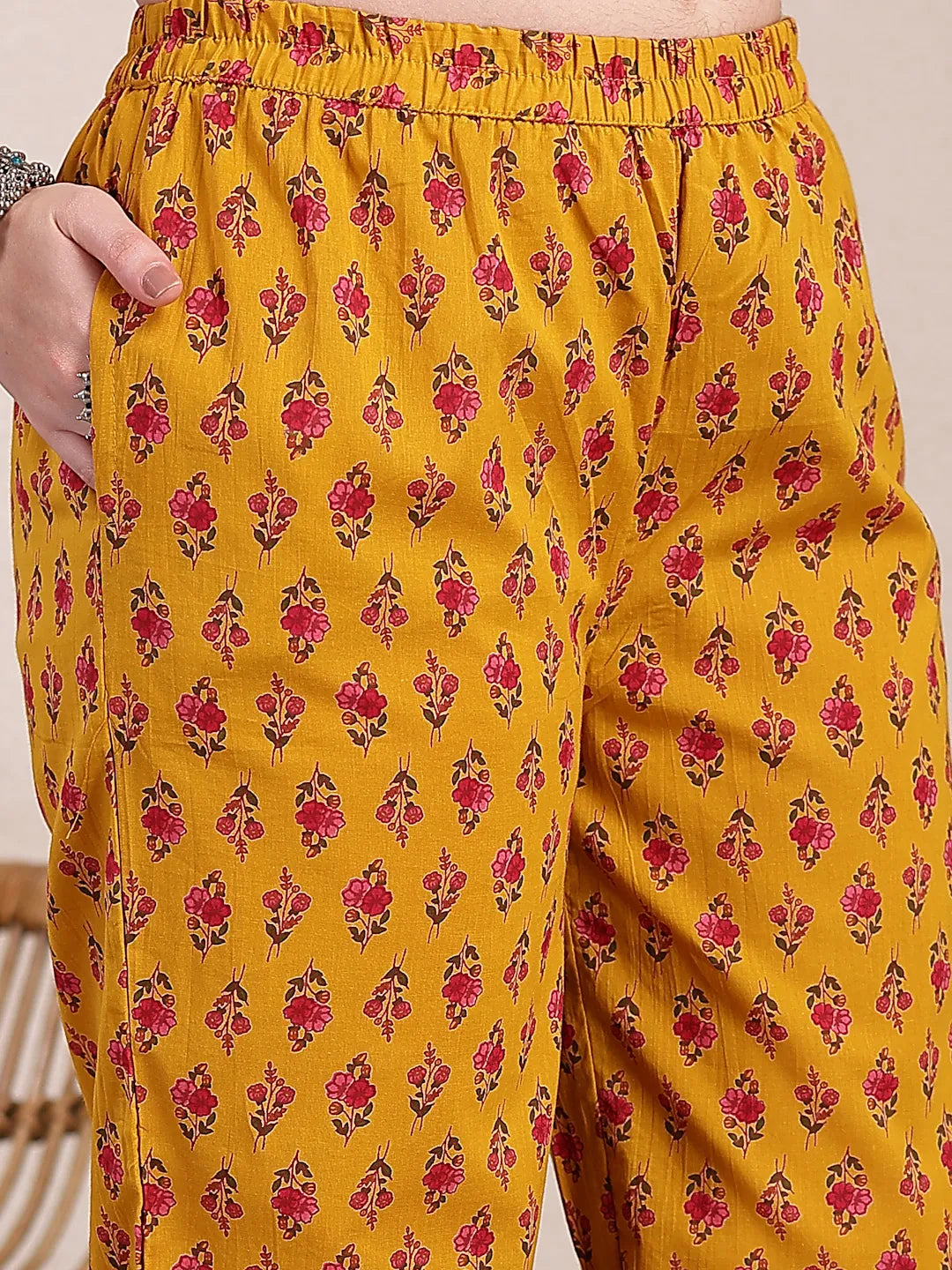 Yellow Pure Cotton Floral Sequins Work Kurta Dupatta Set