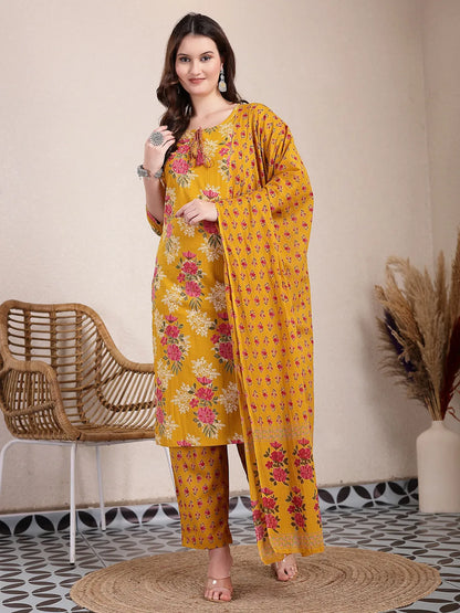Yellow Pure Cotton Floral Sequins Work Kurta Dupatta Set