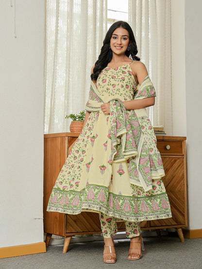 Yellow Pure Cotton Sleeveless Strappy Anarkali Kurta Dupatta Set