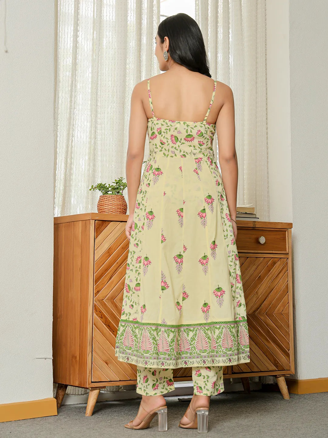 Yellow Pure Cotton Sleeveless Strappy Anarkali Kurta Dupatta Set