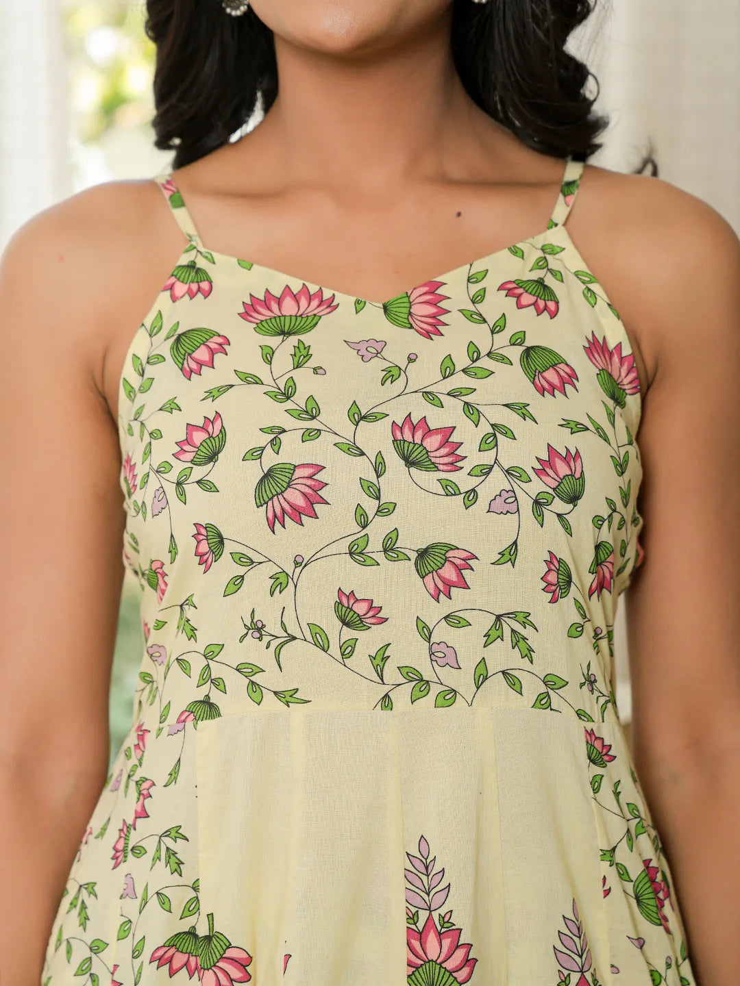 Yellow Pure Cotton Sleeveless Strappy Anarkali Kurta Dupatta Set