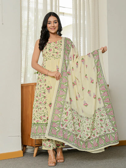 Yellow Pure Cotton Sleeveless Strappy Anarkali Kurta Dupatta Set