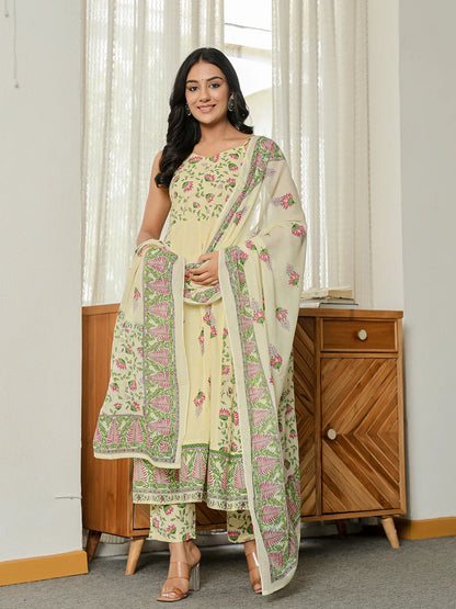 Yellow Pure Cotton Sleeveless Strappy Anarkali Kurta Dupatta Set