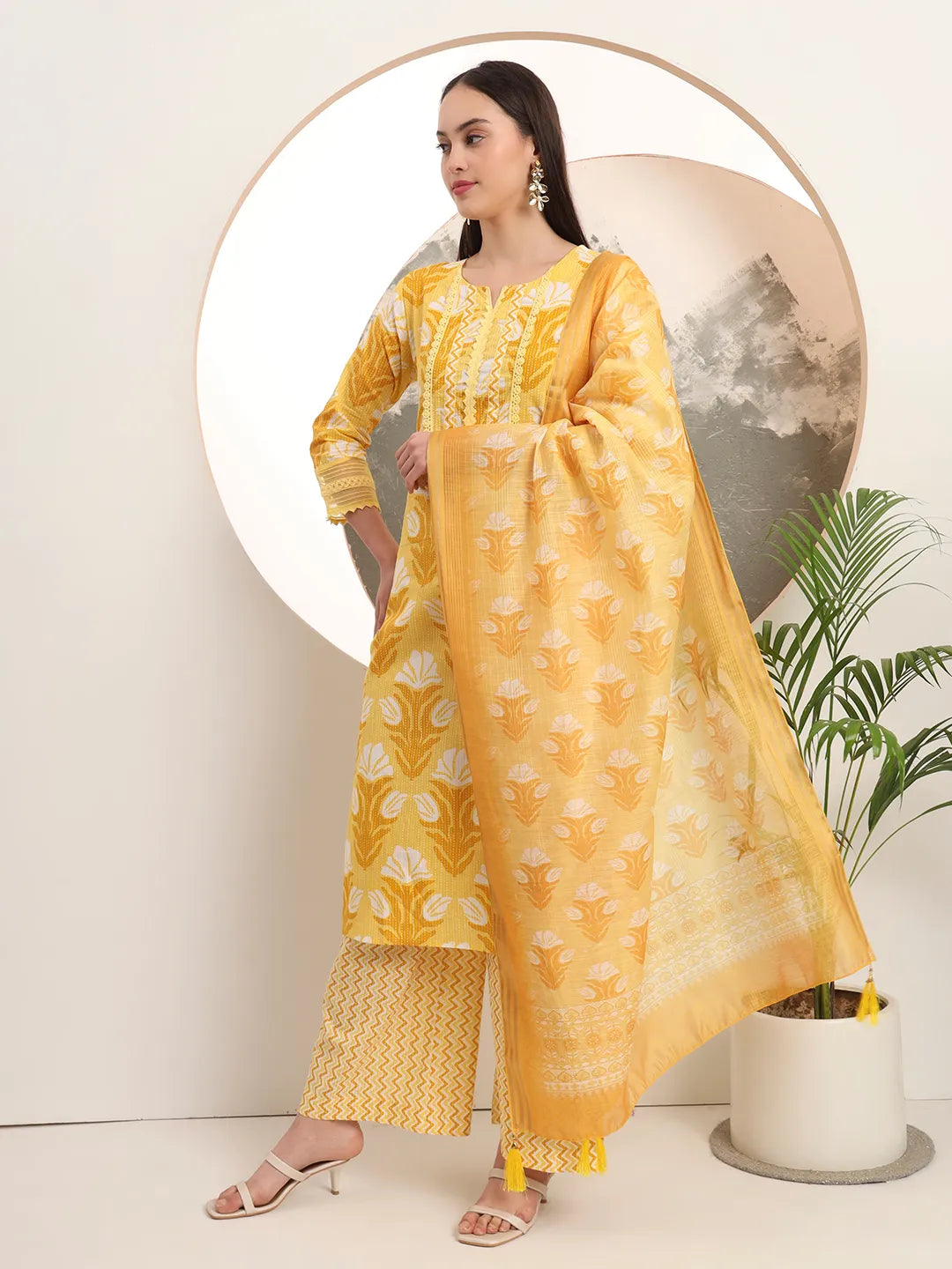 Yellow Pure Cotton Straight Kurta Set With Palazzo And Dupatta