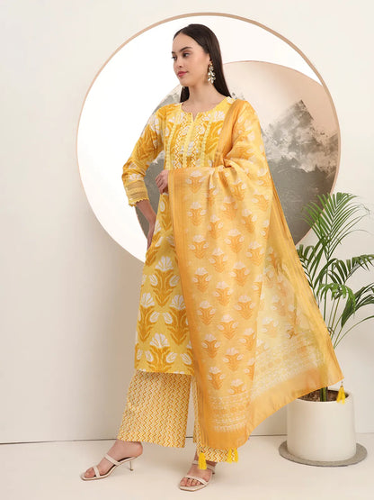 Yellow Pure Cotton Straight Kurta Set With Palazzo And Dupatta