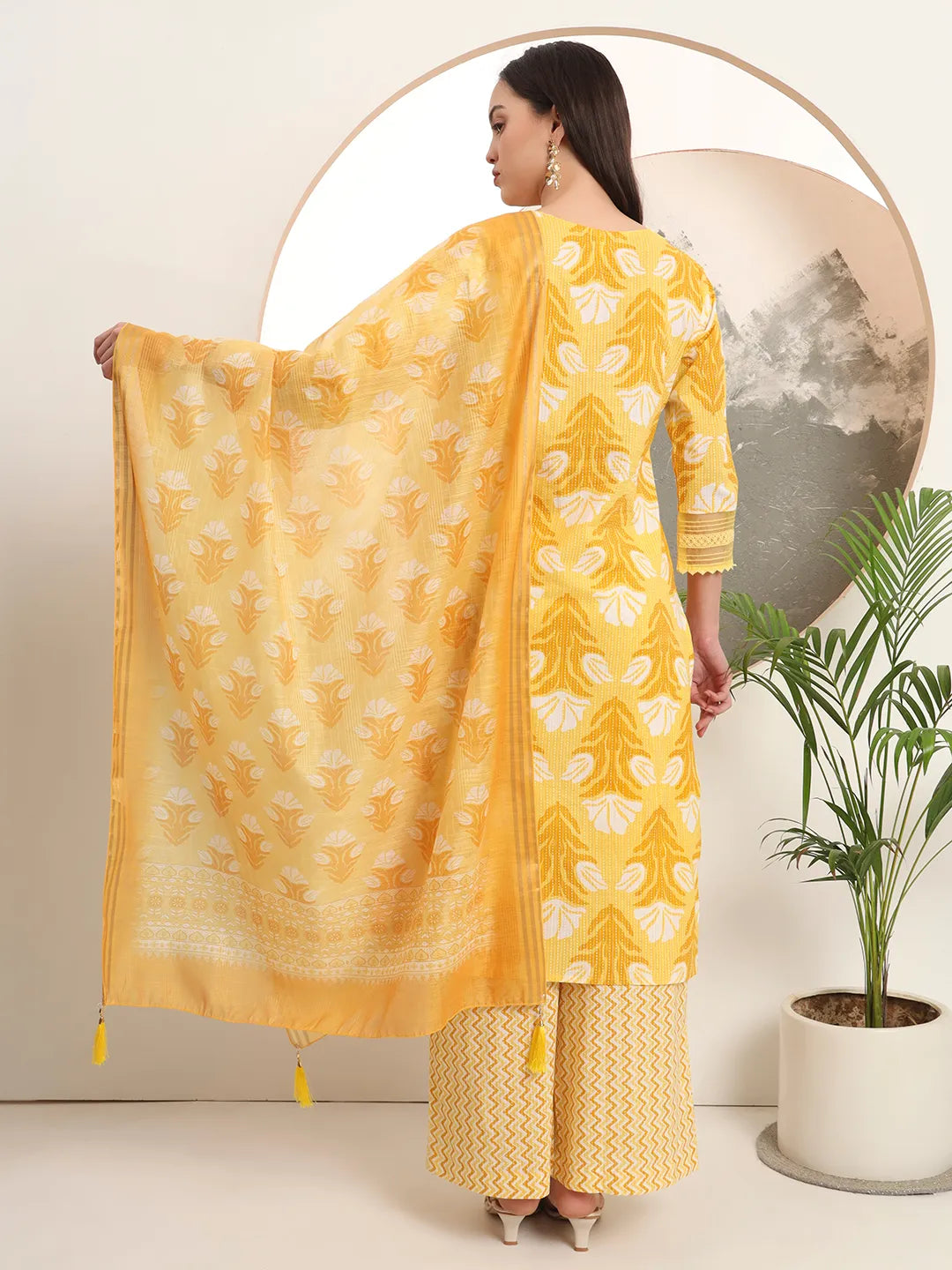 Yellow Pure Cotton Straight Kurta Set With Palazzo And Dupatta