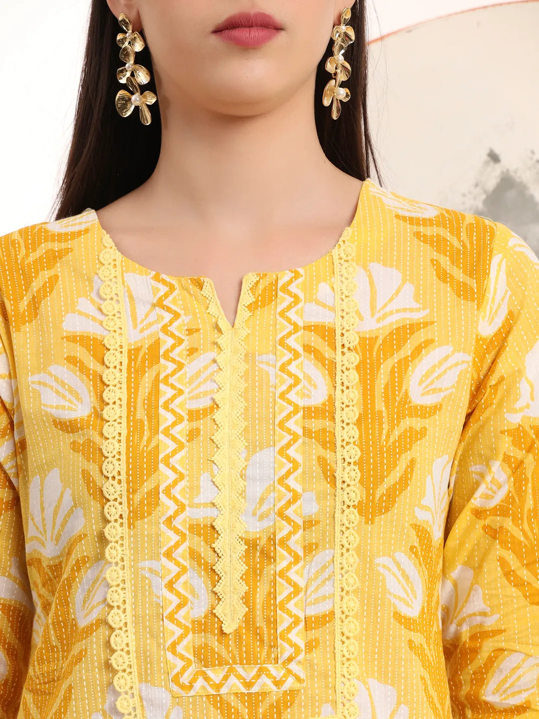 Yellow Pure Cotton Straight Kurta Set With Palazzo And Dupatta