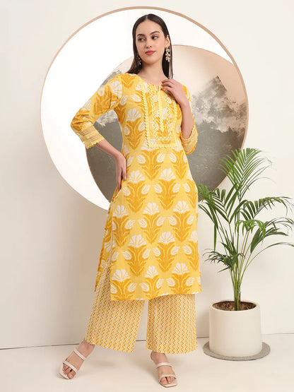 Yellow Pure Cotton Straight Kurta Set With Palazzo And Dupatta
