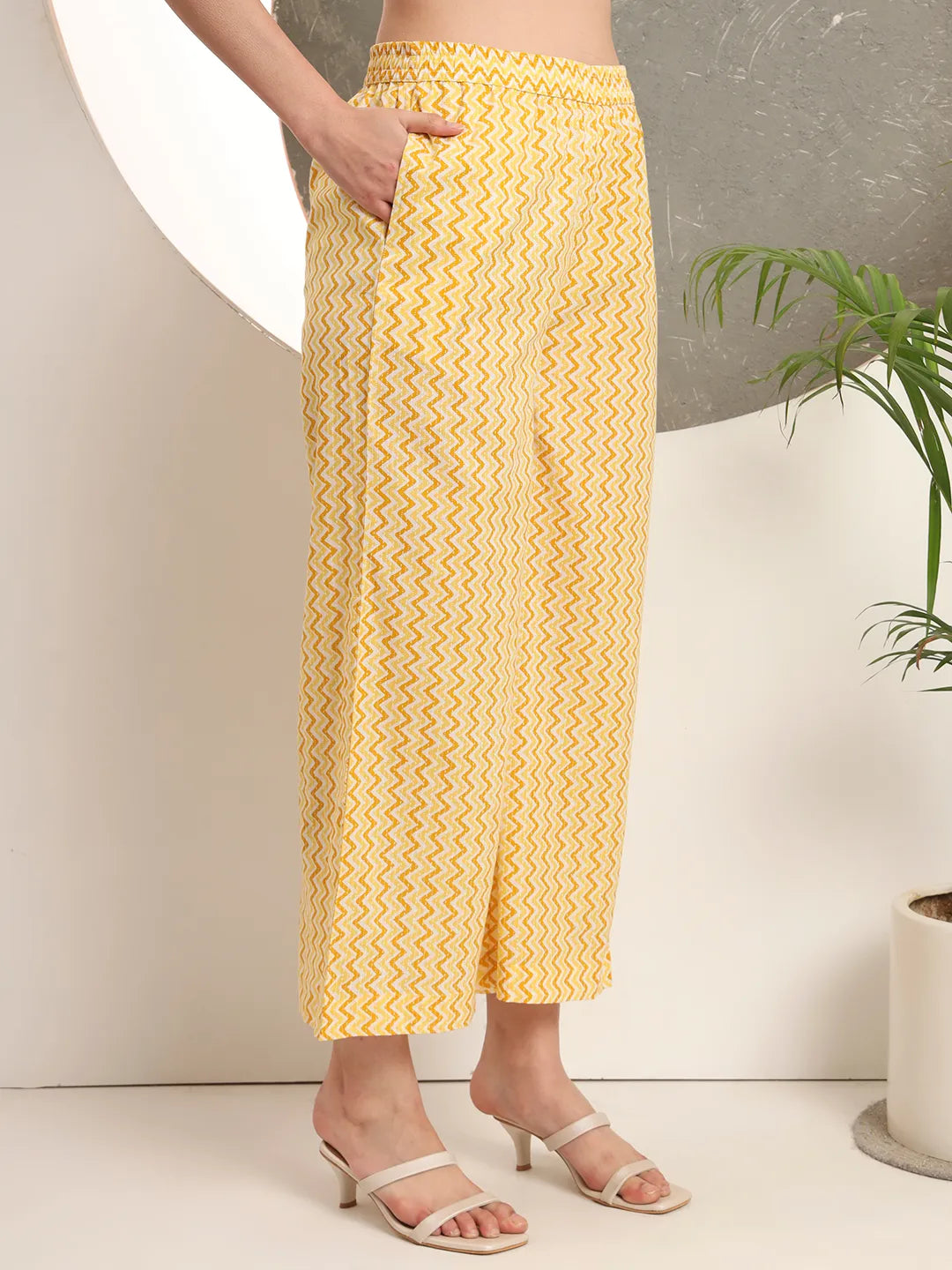 Yellow Pure Cotton Straight Kurta Set With Palazzo And Dupatta