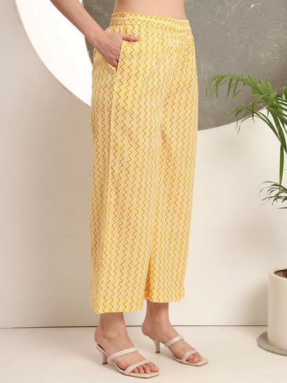 Yellow Pure Cotton Straight Kurta Set With Palazzo And Dupatta