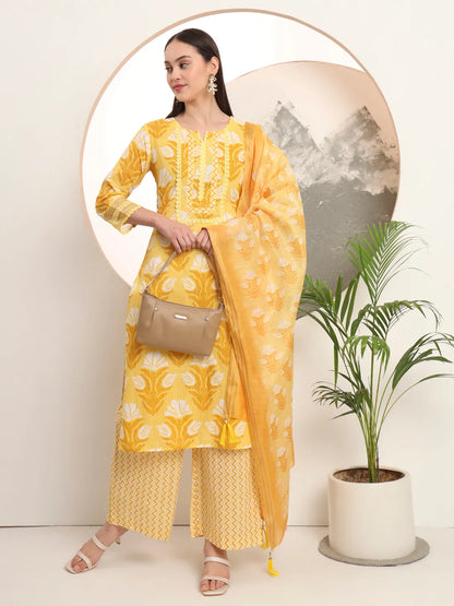 Yellow Pure Cotton Straight Kurta Set With Palazzo And Dupatta