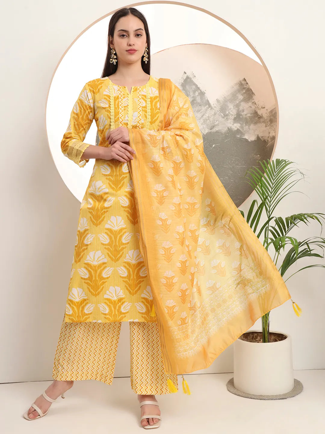 Yellow Pure Cotton Straight Kurta Set With Palazzo And Dupatta