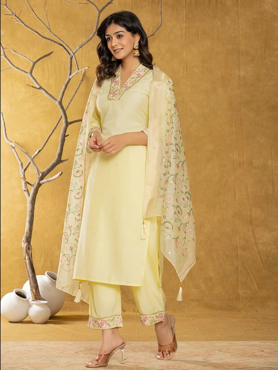 Yellow Silk Blend Pakistani Style Kurta Dupatta Set