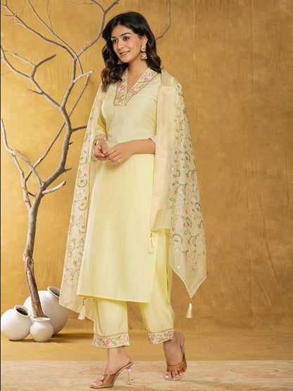 Yellow Silk Blend Pakistani Style Kurta Dupatta Set