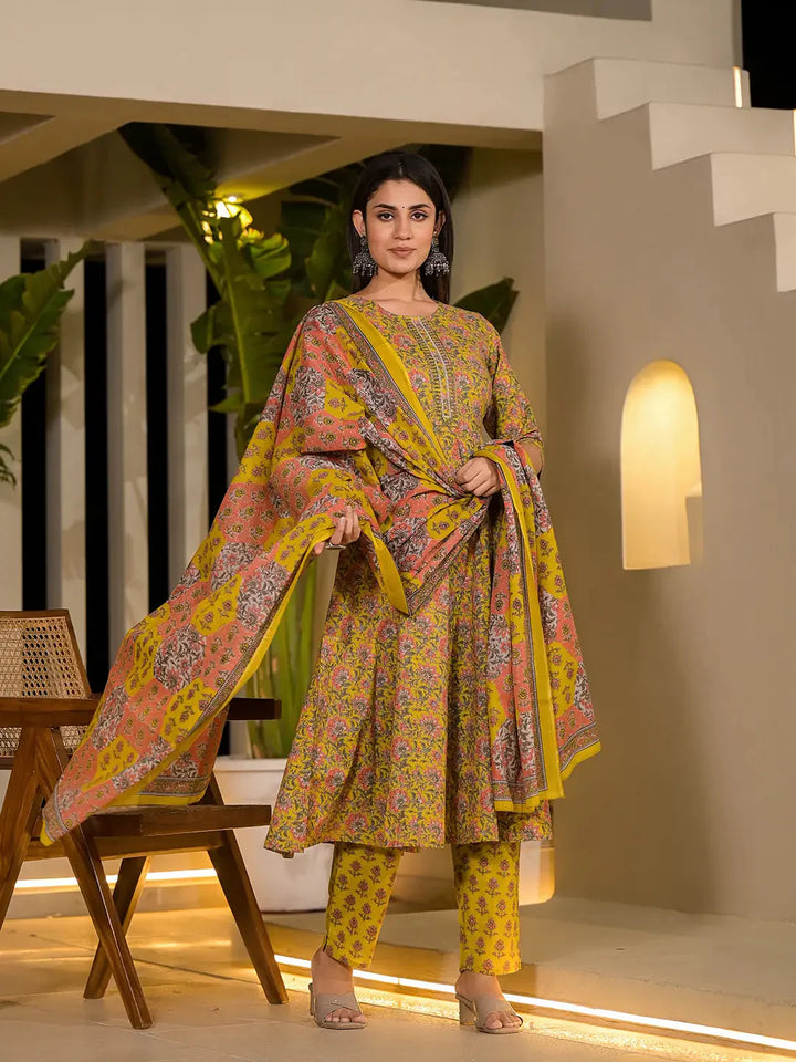 Yellow Thread Work Cotton Anarkali Style Kurta And Trousers With Dupatta Set