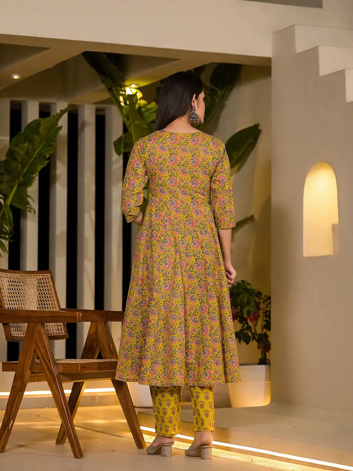Yellow Thread Work Cotton Anarkali Style Kurta And Trousers With Dupatta Set