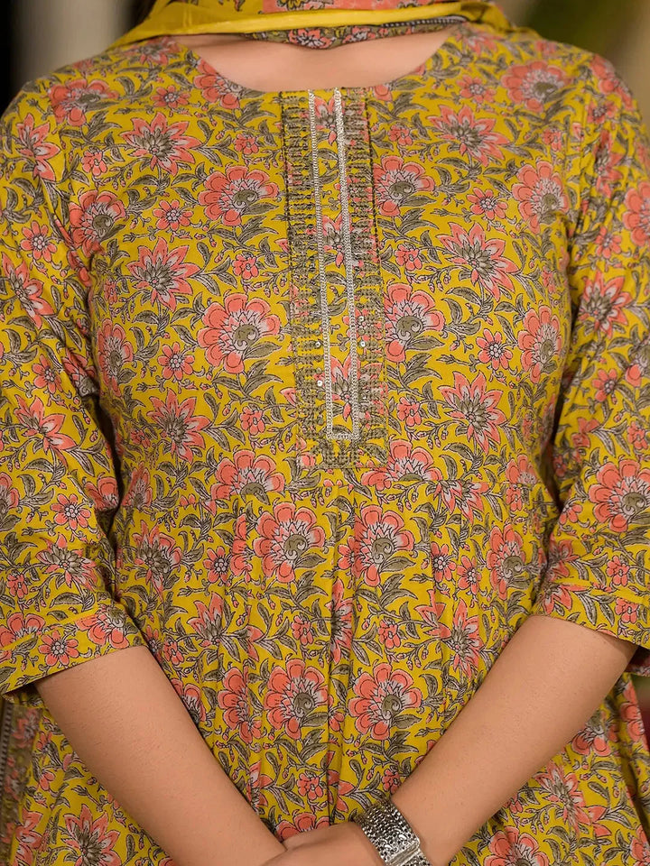 Yellow Thread Work Cotton Anarkali Style Kurta And Trousers With Dupatta Set