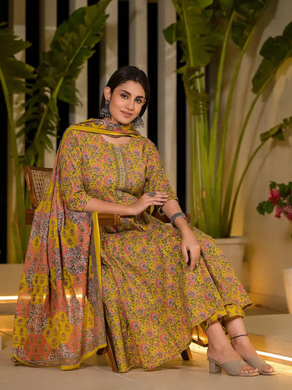 Yellow Thread Work Cotton Anarkali Style Kurta And Trousers With Dupatta Set