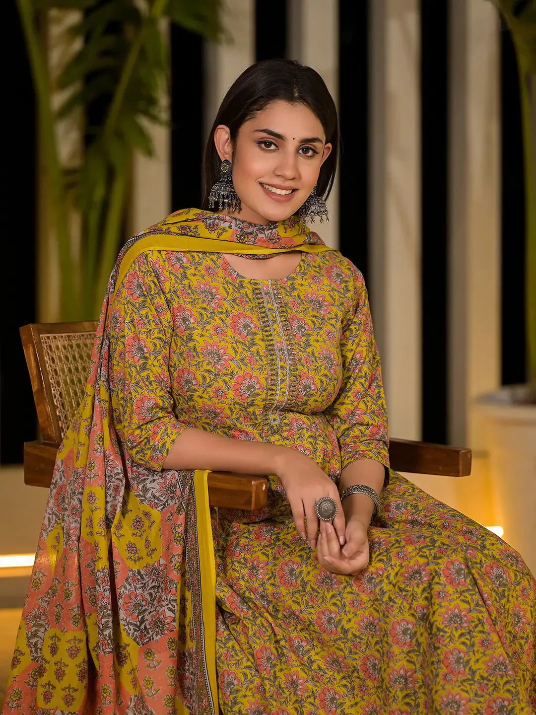 Yellow Thread Work Cotton Anarkali Style Kurta And Trousers With Dupatta Set