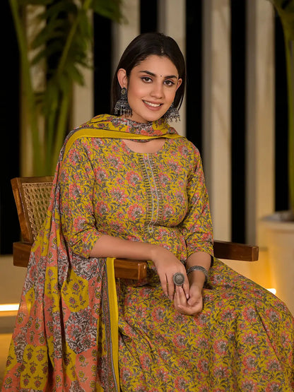 Yellow Thread Work Cotton Anarkali Style Kurta And Trousers With Dupatta Set