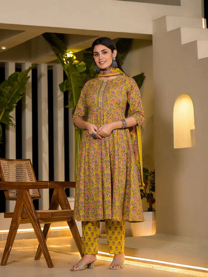 Yellow Thread Work Cotton Anarkali Style Kurta And Trousers With Dupatta Set