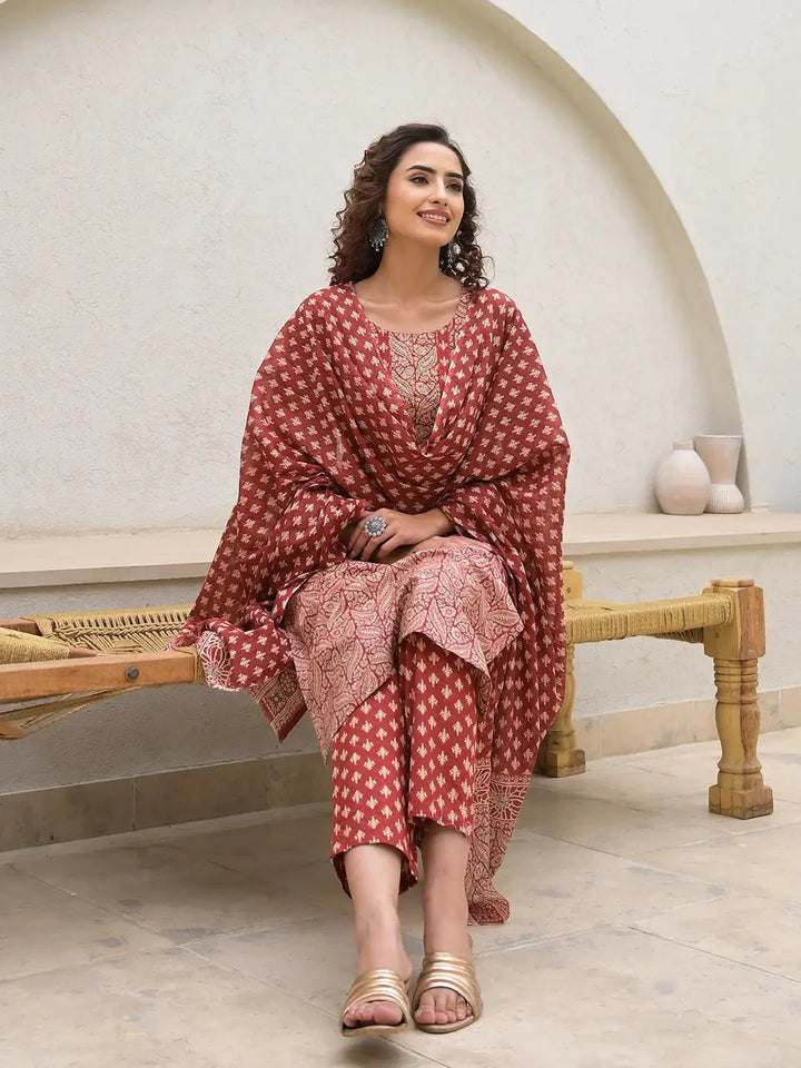 Embroidered Printed Maroon Cotton Kurta Set With Dupatta Set
