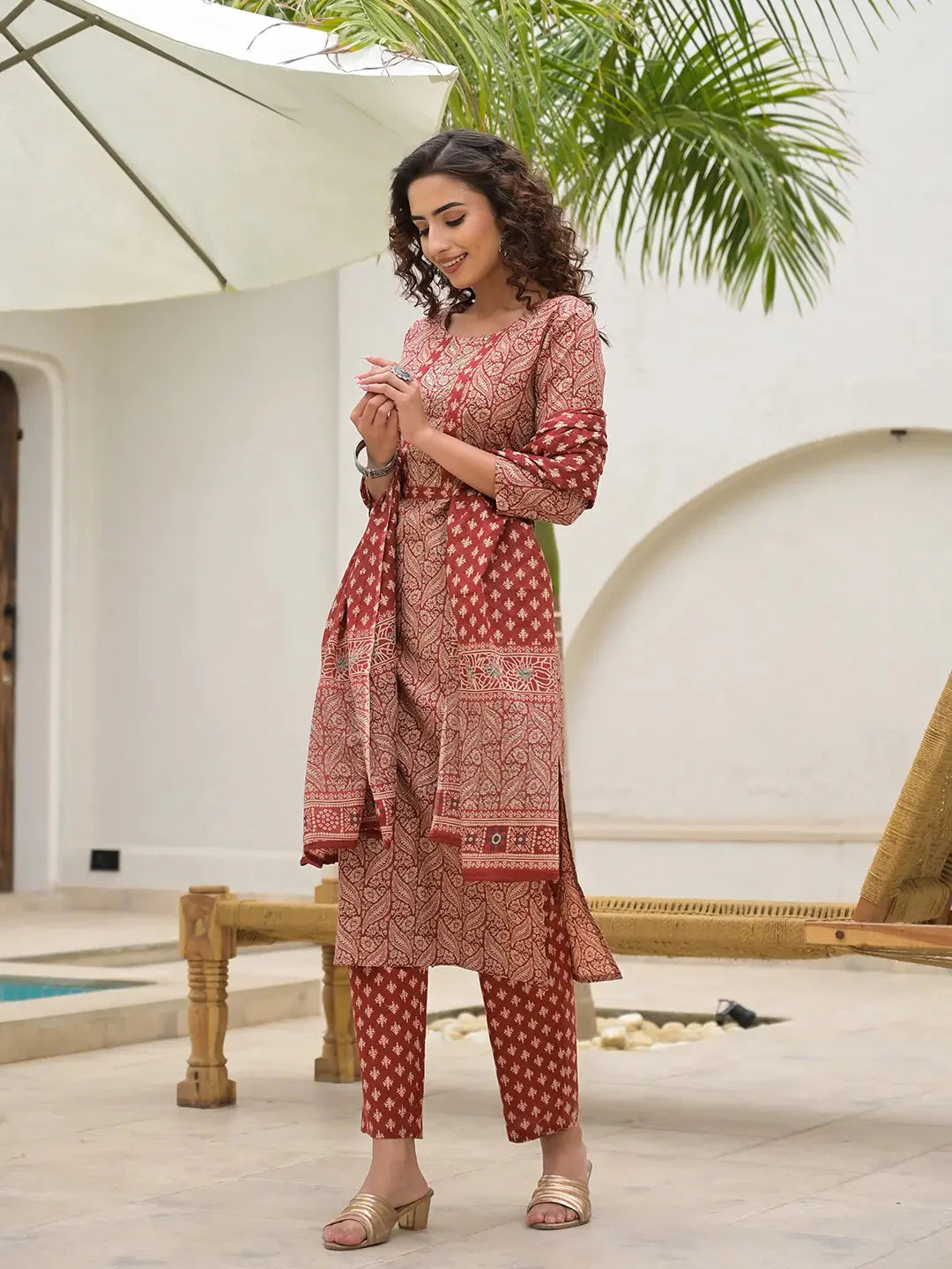Embroidered Printed Maroon Cotton Kurta Set With Dupatta Set