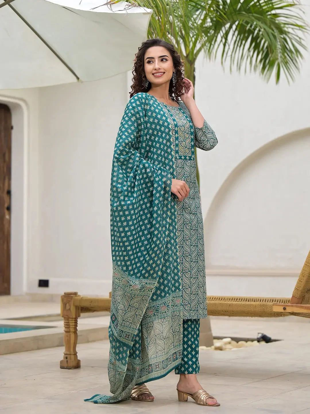 Embroidered Printed Teal Green Cotton Kurta Set With Dupatta Set