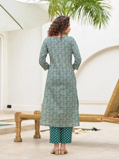 Embroidered Printed Teal Green Cotton Kurta Set With Dupatta Set