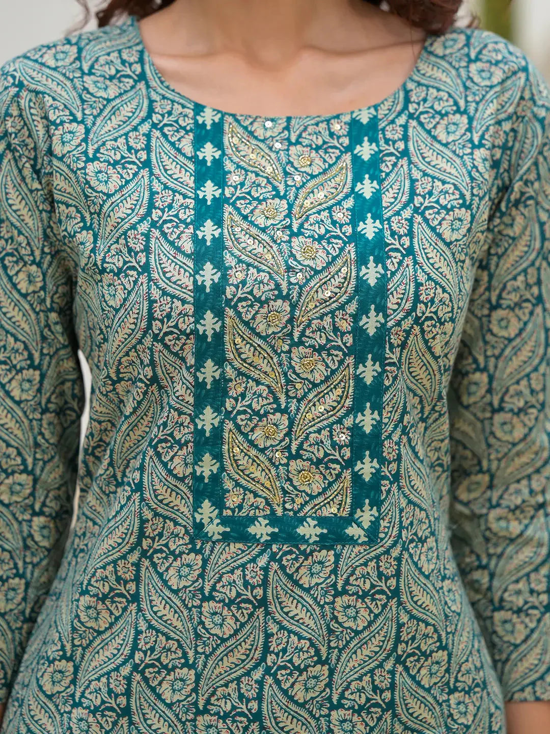 Embroidered Printed Teal Green Cotton Kurta Set With Dupatta Set
