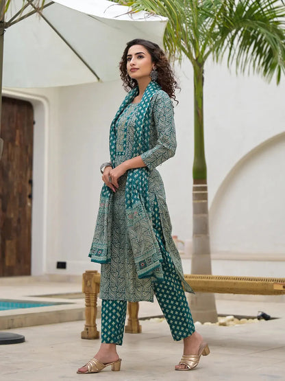 Embroidered Printed Teal Green Cotton Kurta Set With Dupatta Set