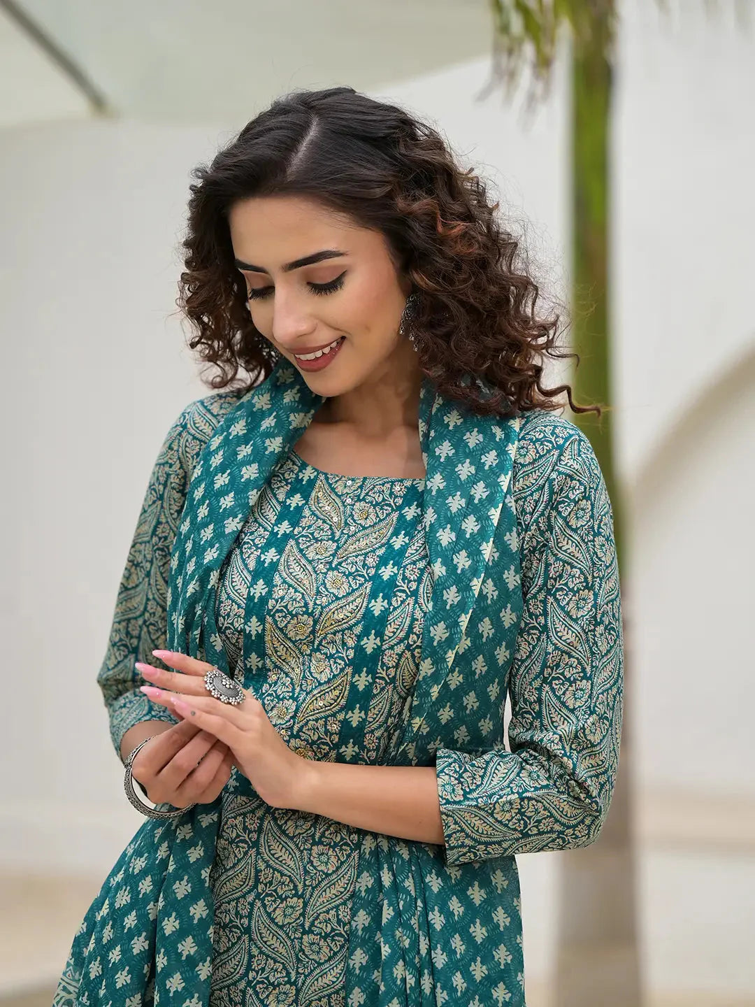 Embroidered Printed Teal Green Cotton Kurta Set With Dupatta Set