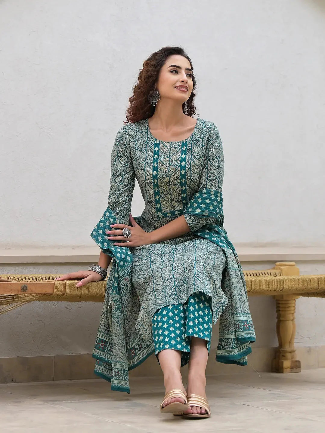 Embroidered Printed Teal Green Cotton Kurta Set With Dupatta Set