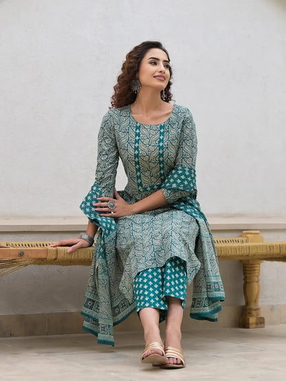 Embroidered Printed Teal Green Cotton Kurta Set With Dupatta Set