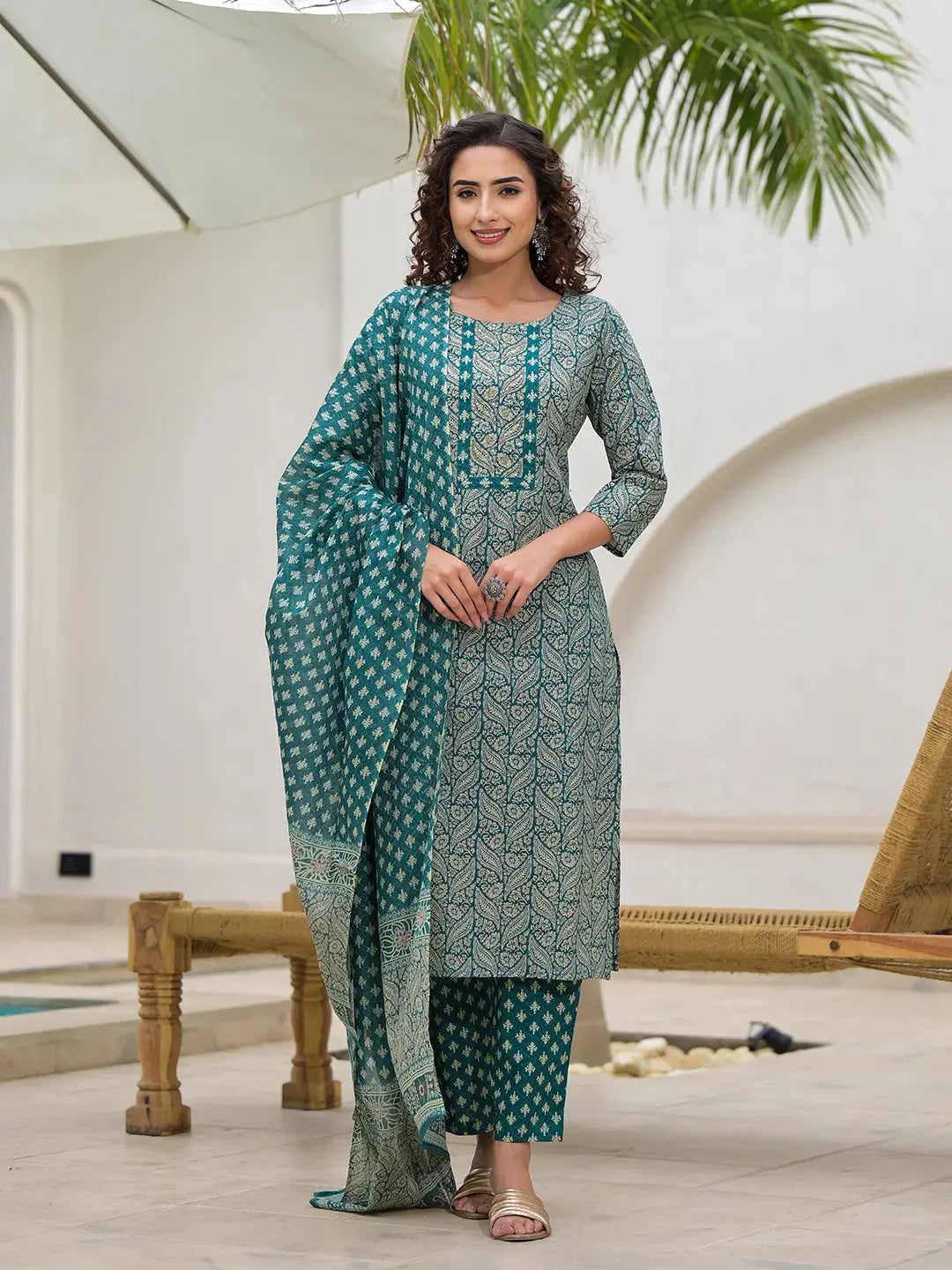 Embroidered Printed Teal Green Cotton Kurta Set With Dupatta Set