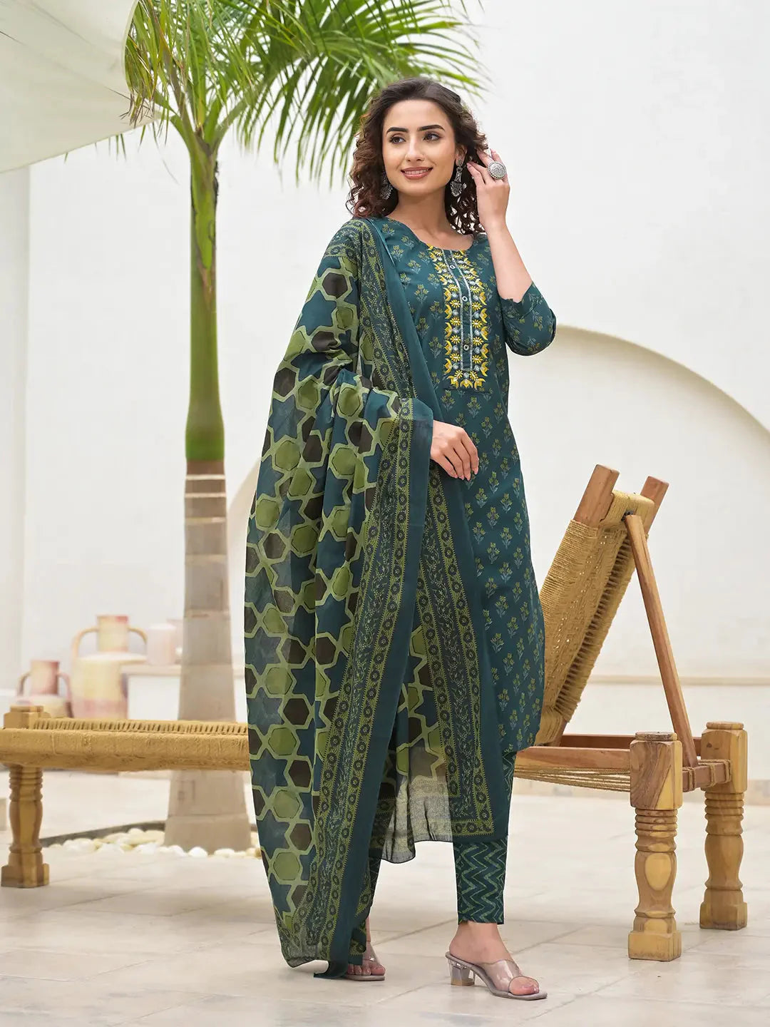 Green Cotton Thread Work Sequins Work Zari Work Kurta Set With Dupatta Set