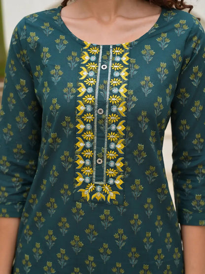 Green Cotton Thread Work Sequins Work Zari Work Kurta Set With Dupatta Set