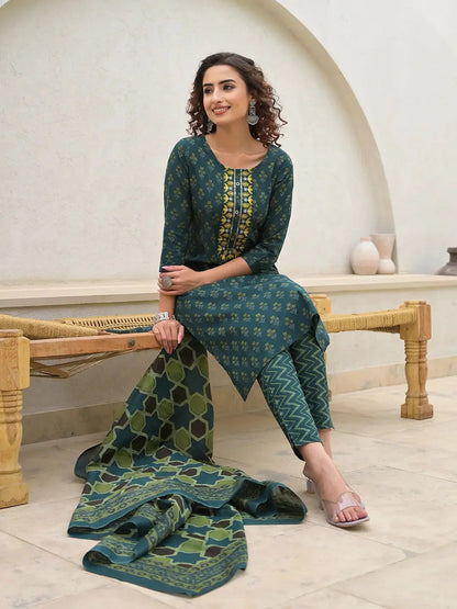 Green Cotton Thread Work Sequins Work Zari Work Kurta Set With Dupatta Set