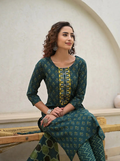 Green Cotton Thread Work Sequins Work Zari Work Kurta Set With Dupatta Set