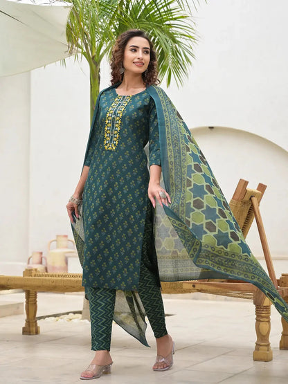 Green Cotton Thread Work Sequins Work Zari Work Kurta Set With Dupatta Set