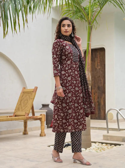 Piping On Yoke Floral Print Maroon Cotton Kurta Set With Dupatta Set