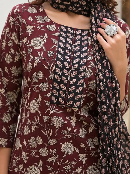 Piping On Yoke Floral Print Maroon Cotton Kurta Set With Dupatta Set