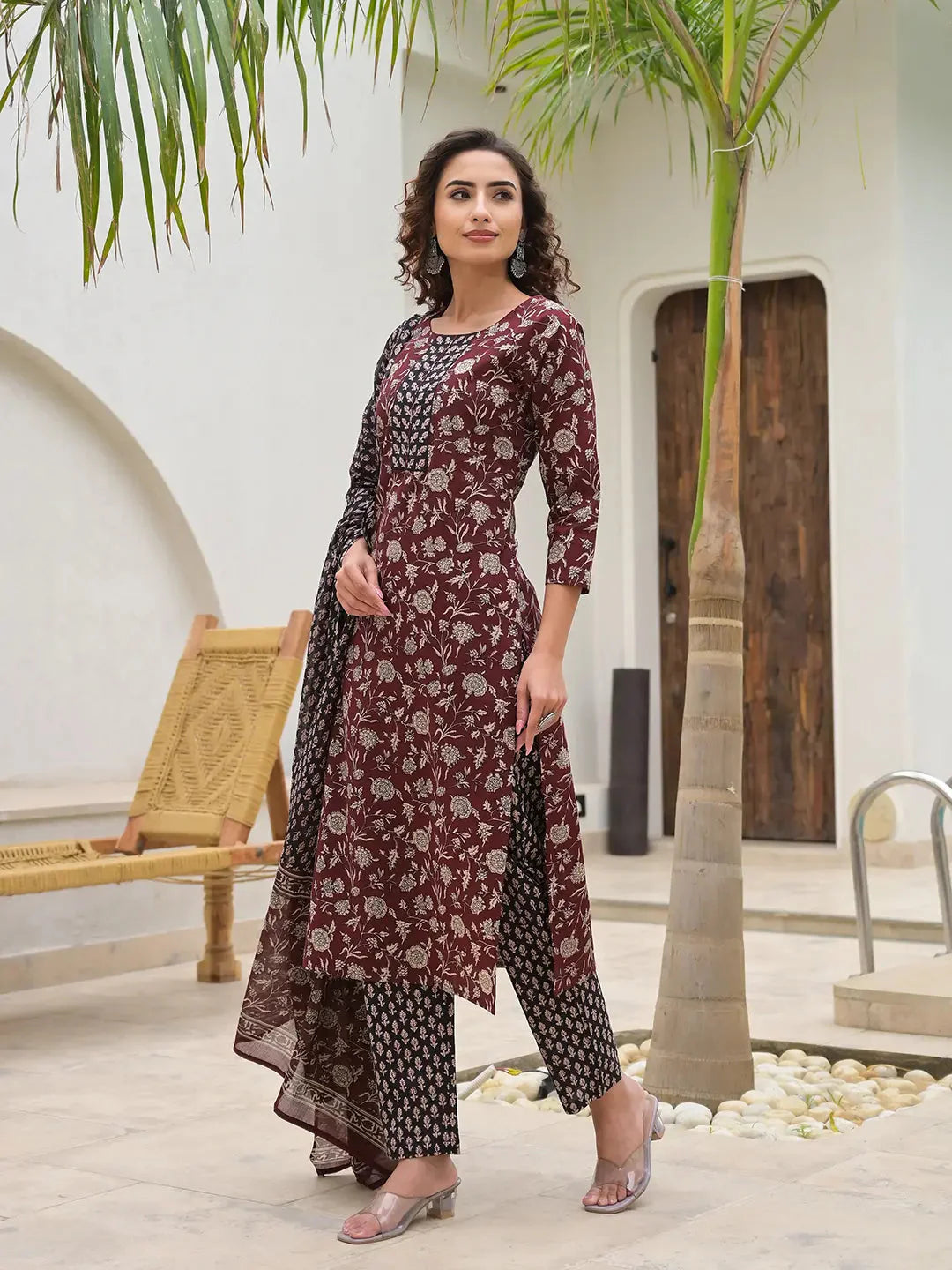 Piping On Yoke Floral Print Maroon Cotton Kurta Set With Dupatta Set