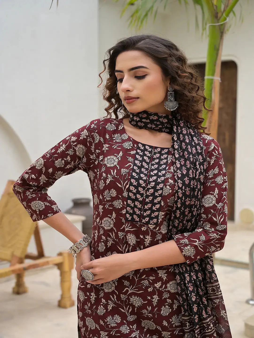 Piping On Yoke Floral Print Maroon Cotton Kurta Set With Dupatta Set