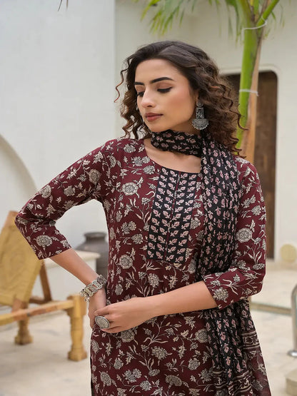 Piping On Yoke Floral Print Maroon Cotton Kurta Set With Dupatta Set